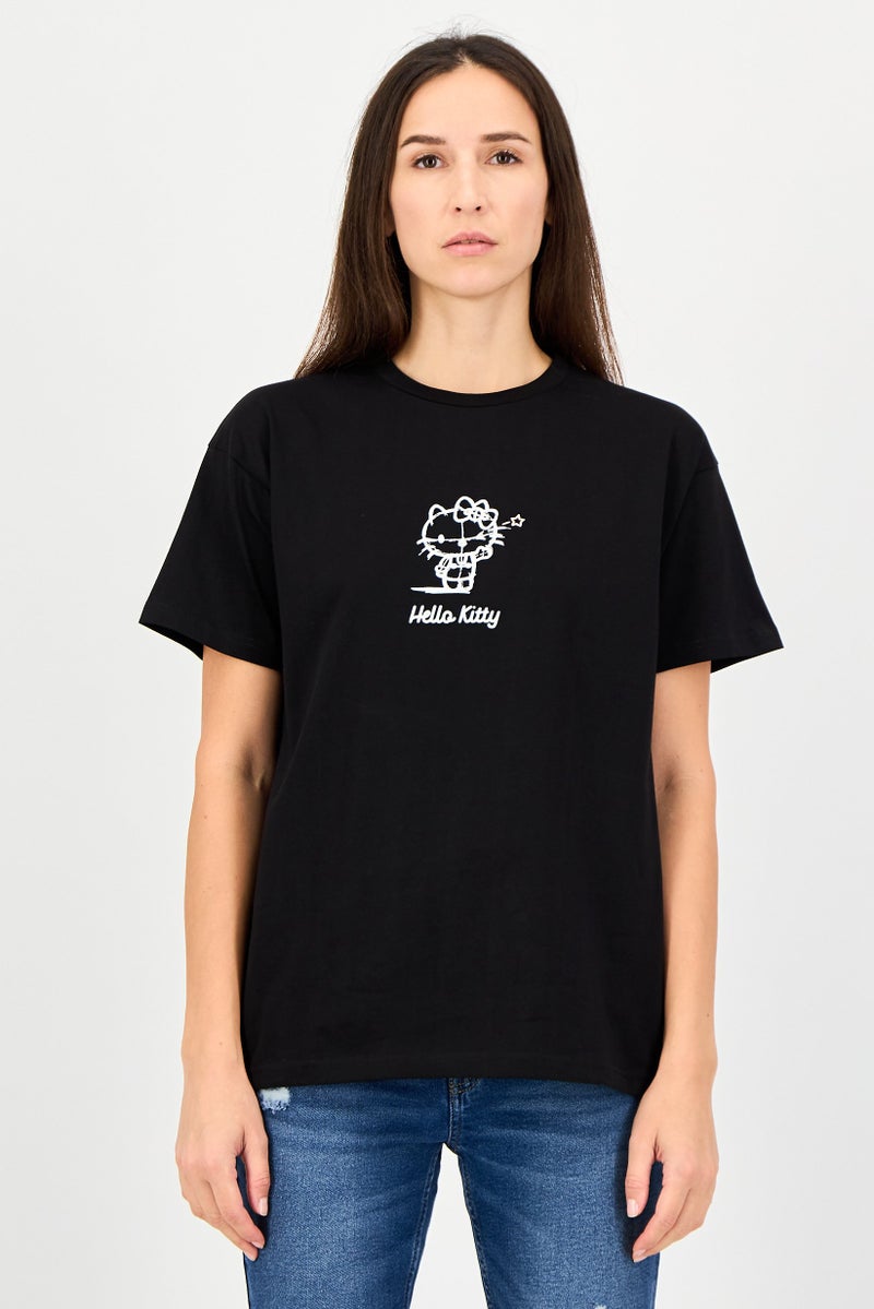 Hello Kitty Women Crew Neck Short Sleeve Graphic Printed T-Shirt, Black - Image 1