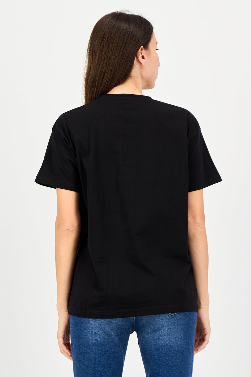 Hello Kitty Women Crew Neck Short Sleeve Graphic Printed T-Shirt, Black - Image 2