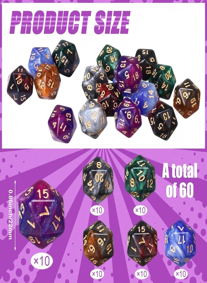 Seenelling 60 Pieces D20 Polyhedral Dice Set 20 Sided Game Dice Mixed Color Assortment D20 Set for RPG, Table Games(Retro Color) - Image 4
