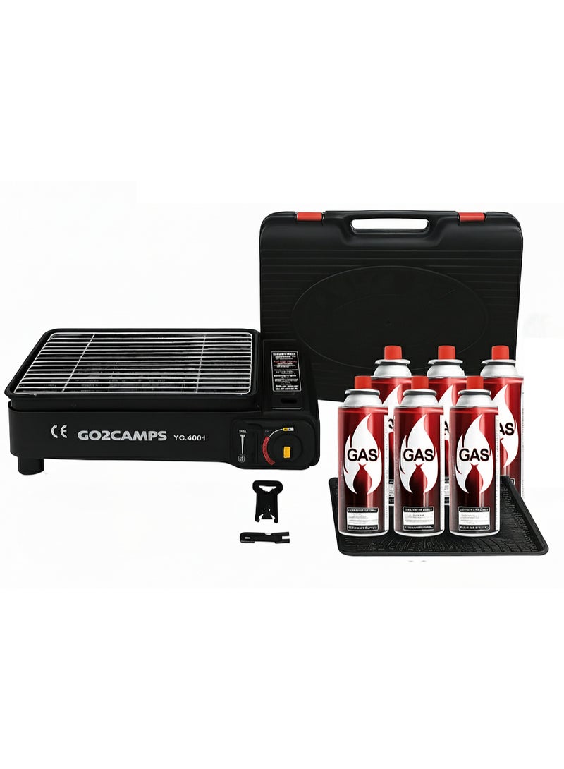 GO2CAMPS Portable Butane Gas BBQ Grill Camping Stove & Griddle Combo with 6 Butane Cartridges, Carry Case, & Tools â€“ Ideal for Kabob, Grilling, Picnics, Tailgating, & Outdoor Cooking - Image 1