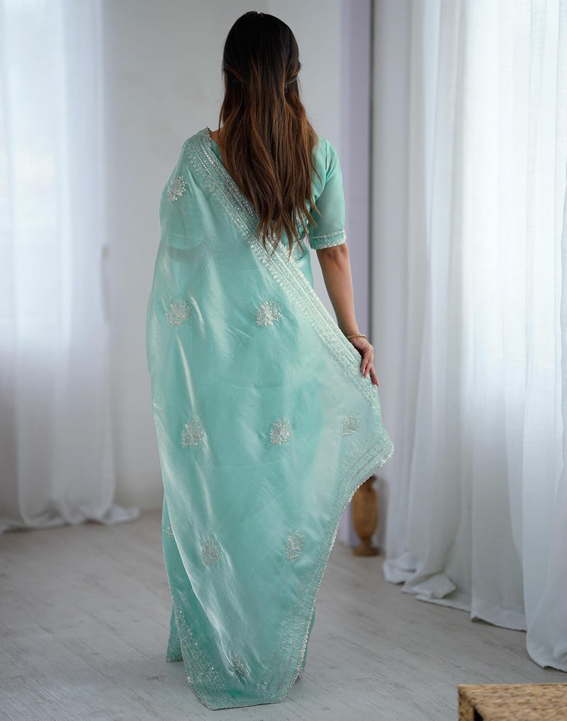 SIRIL Women's Tissue Soft Silk Sequence Embroidery With Scalloped Border Saree With Unstitched Blouse (4625S6974_Turquoise) - Image 4