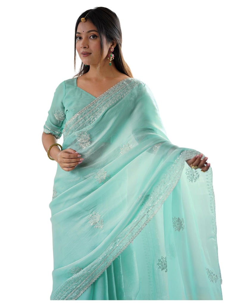 SIRIL Women's Tissue Soft Silk Sequence Embroidery With Scalloped Border Saree With Unstitched Blouse (4625S6974_Turquoise) - Image 1