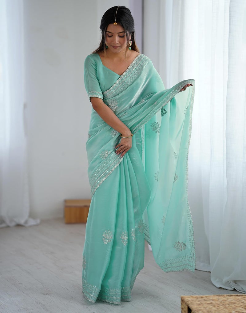 SIRIL Women's Tissue Soft Silk Sequence Embroidery With Scalloped Border Saree With Unstitched Blouse (4625S6974_Turquoise) - Image 5