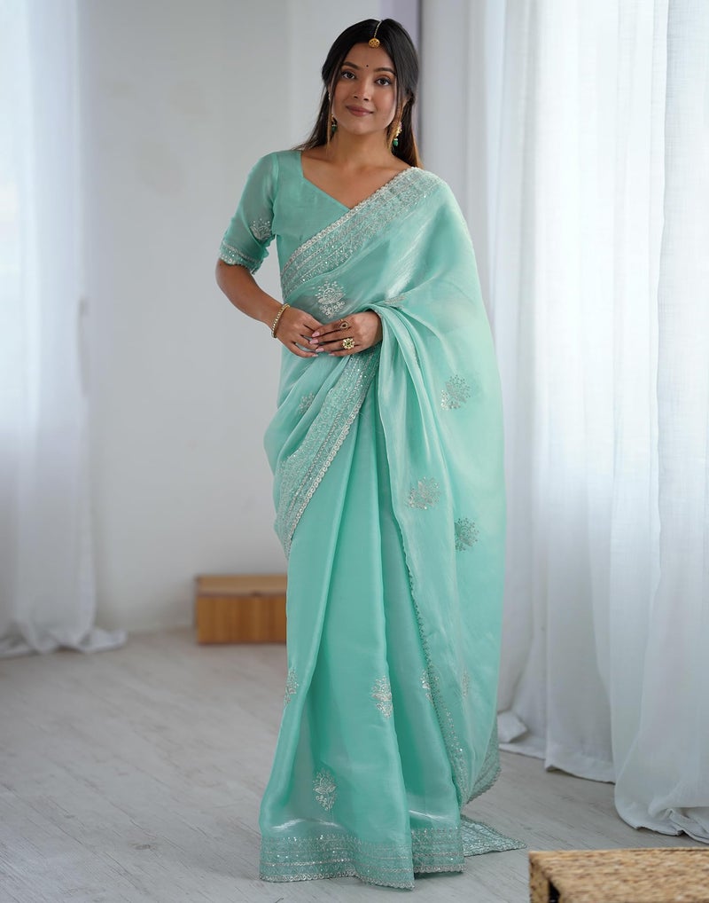 SIRIL Women's Tissue Soft Silk Sequence Embroidery With Scalloped Border Saree With Unstitched Blouse (4625S6974_Turquoise) - Image 2