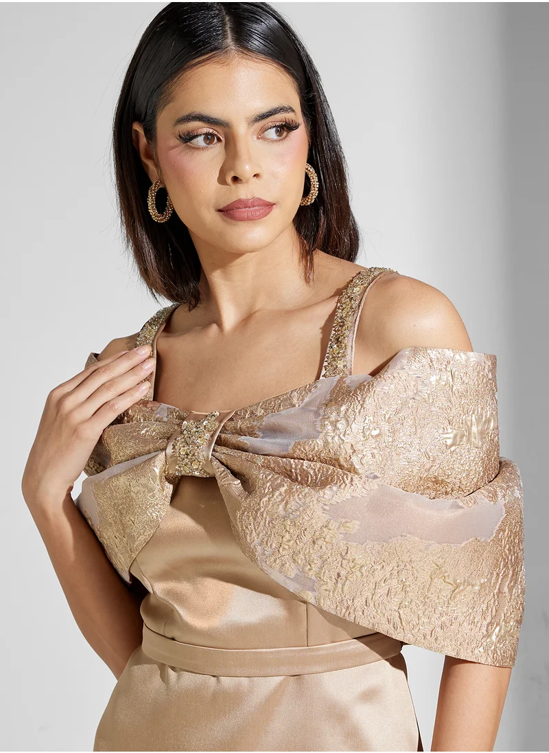 Namshi x Off Shoulder Jacquard Bow Detail Wrap Dress
