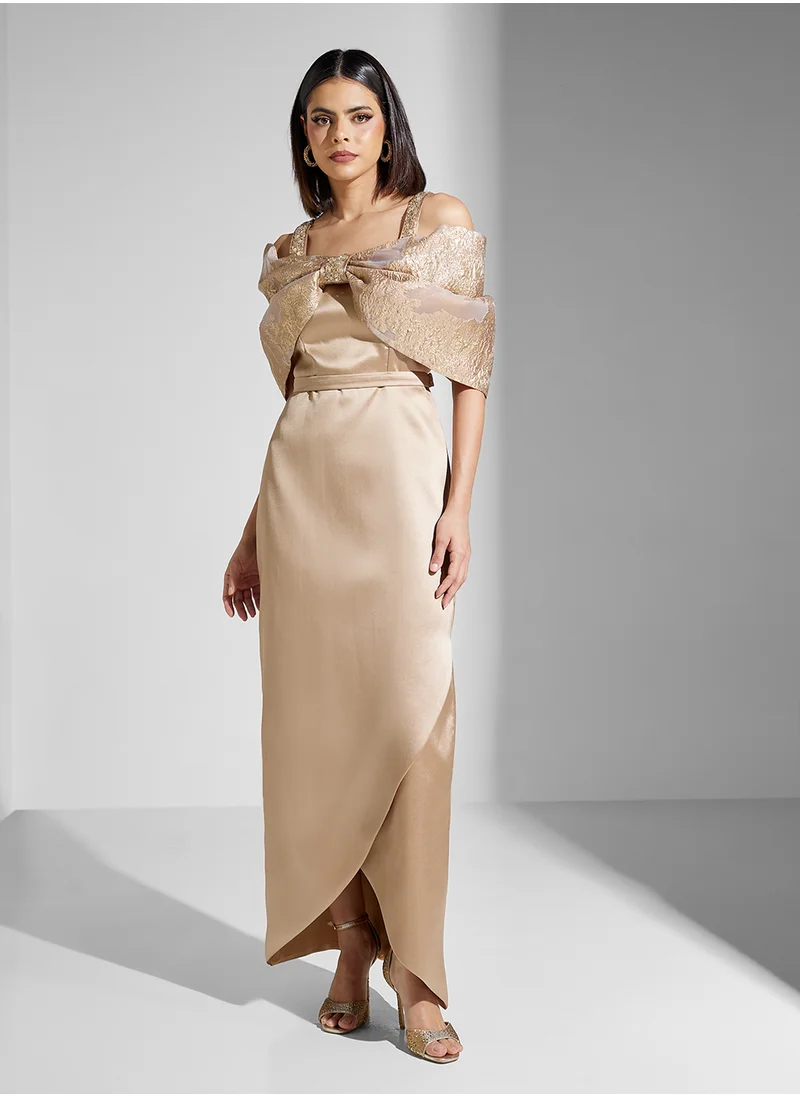 Namshi x Off Shoulder Jacquard Bow Detail Wrap Dress