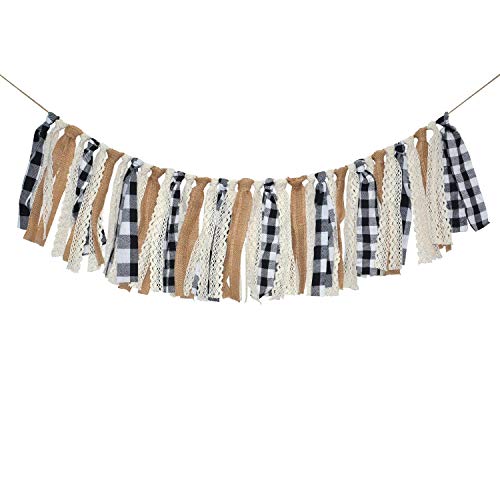 Rainlemon Buffalo Check Plaid Banner Black and White Gingham Spring Summer Fall Winter Easter Christmas Mantle Fireplace Garland Decoration - Image 1