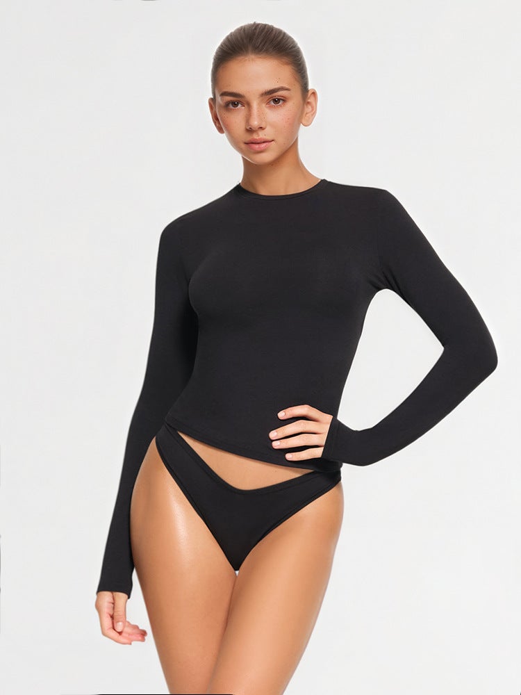 In-Stock -Style Fitted Autumn/Winter T-Shirt, Warm and Skin-Friendly, Waist-Cinching Base Layer, Thick Fleece Long-Sleeve Top, Same Style as Popular Online - Image 4
