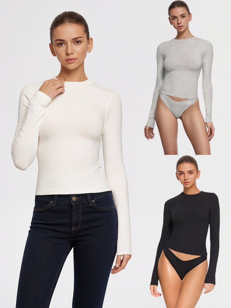 In-Stock -Style Fitted Autumn/Winter T-Shirt, Warm and Skin-Friendly, Waist-Cinching Base Layer, Thick Fleece Long-Sleeve Top, Same Style as Popular Online - Image 2