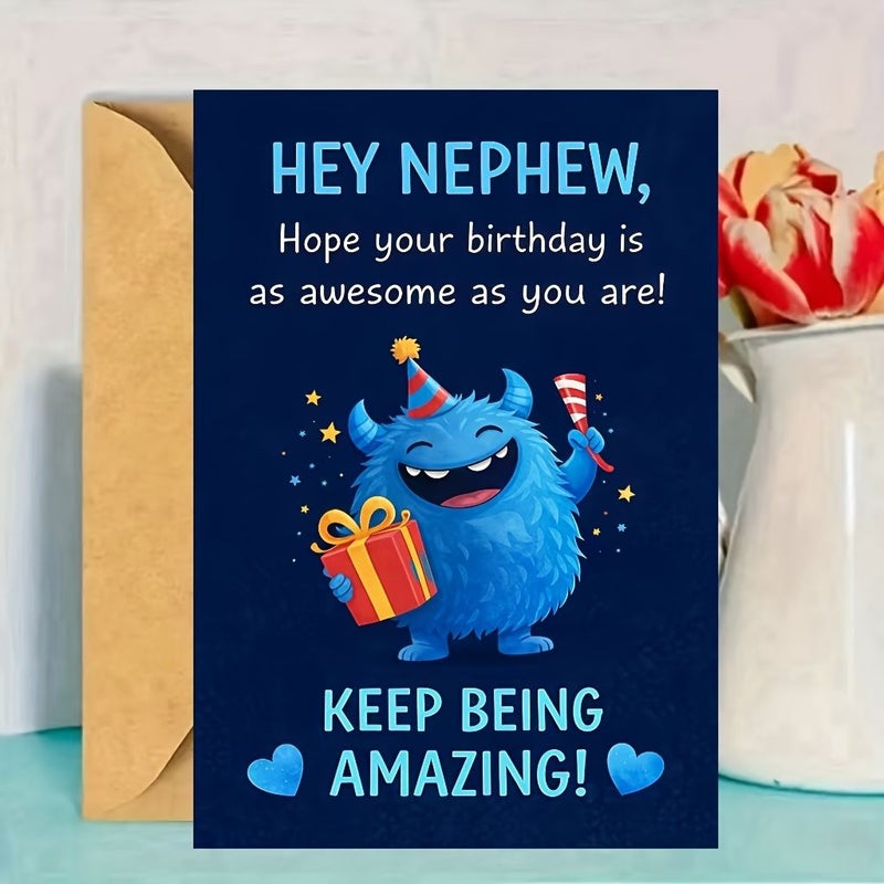 Khaki Nephew Birthday Card With Cute Blue Monster And Envelope For Special Celebration - Image 2