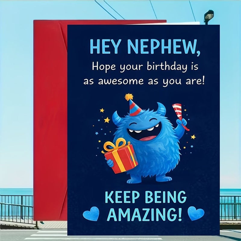 Khaki Nephew Birthday Card With Cute Blue Monster And Envelope For Special Celebration - Image 1
