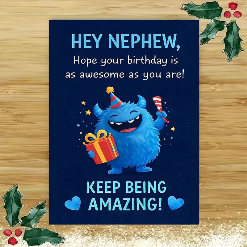 Khaki Nephew Birthday Card With Cute Blue Monster And Envelope For Special Celebration - Image 5