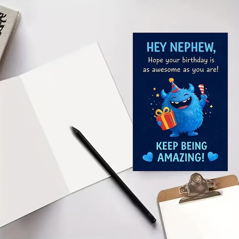 Khaki Nephew Birthday Card With Cute Blue Monster And Envelope For Special Celebration - Image 4