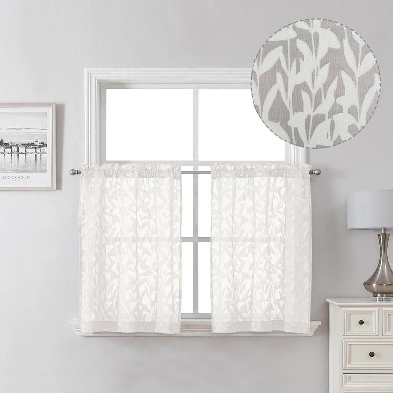 Lecloud Leia Ivory Sheer Cafe Curtain 24 بوصة الطول 2 PCS Jacquard jacquard leget foile stain مع قضبان مزدوجة جيب مقطع مزرعة غرفة نوم غرفة المعيش - Image 1