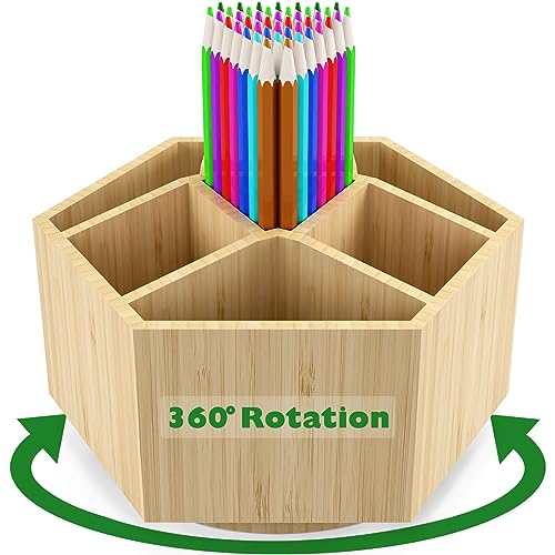 Houtingmaan Bamboo Art Supply Organizer, Back to School Supplies, Hold 350+ Pencils, Rotating School Supplies Holder for Pen, Colored Pencil, Art Brushes, Desktop Storage Caddy for Classroom & Art Studio - Image 1