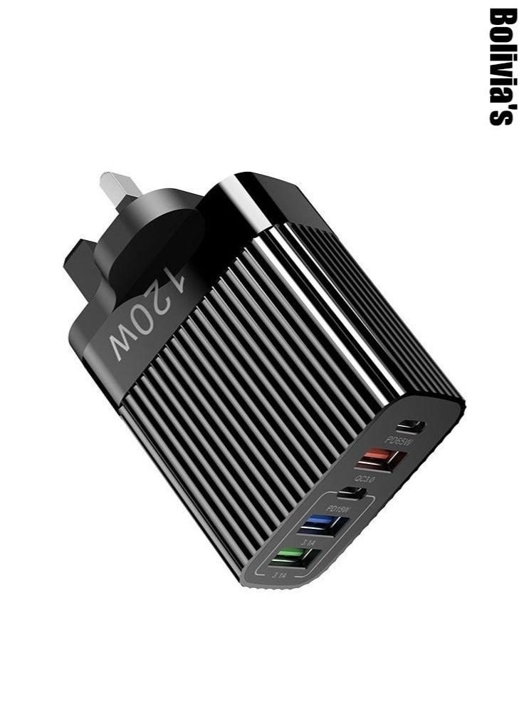 Bolivia's 120W PD QC 3.0 Type C USB Charger Adapter, 5-Port USB A & USB C Charging Hub Compatible with iPhone 15/14/13 Pro Max, Samsung Galaxy S23/S22, iPad, OnePlus, Pixel, AirPods & More（Black） - Image 1