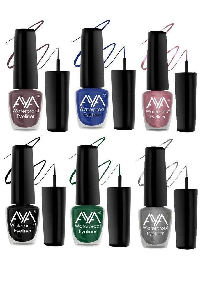 AYA Waterproof & Long Lasting Eyeliner Set Of 6 (Black Blue Brown Green Grey Pink) ; Smudge Proof Transfer Proof Eye Liner For Eye Makeup ; - Image 1