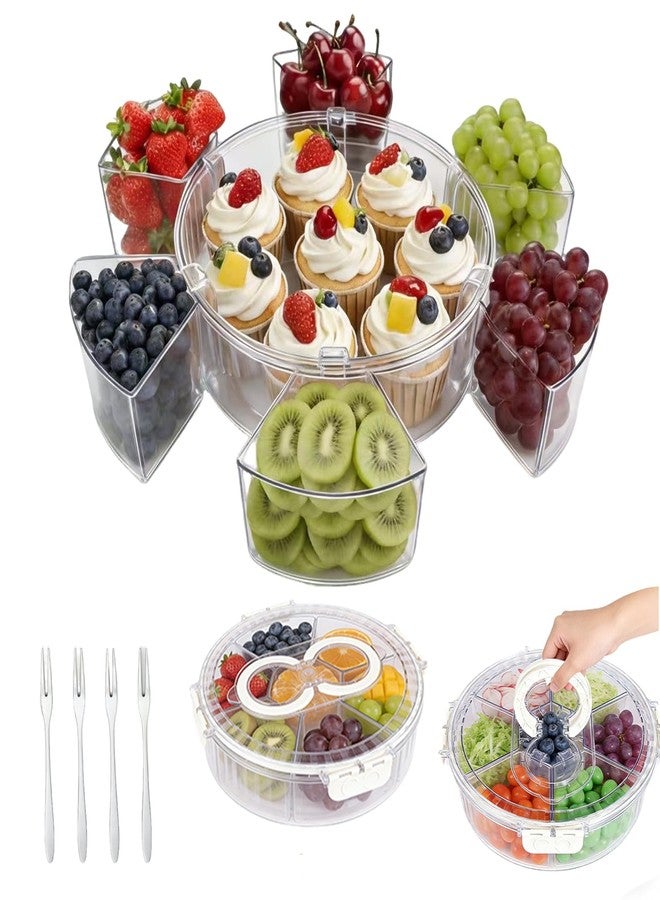 Aufind Divided Serving Tray with Lid and Handle, Stackable Snackle Box Container for Fruits Candy Veggies, Portable Spinning Rounded Tray with 6 Removable Dip Bowls - Image 1