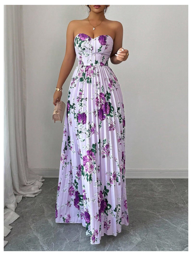 OYOANGLE Women's Boho Floral Strapless Dress Sleeveless Pleated A Line Maxi Tube Top Dresses Summer Sundress Purple Small - Image 3