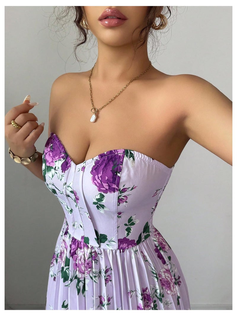 OYOANGLE Women's Boho Floral Strapless Dress Sleeveless Pleated A Line Maxi Tube Top Dresses Summer Sundress Purple Small - Image 4