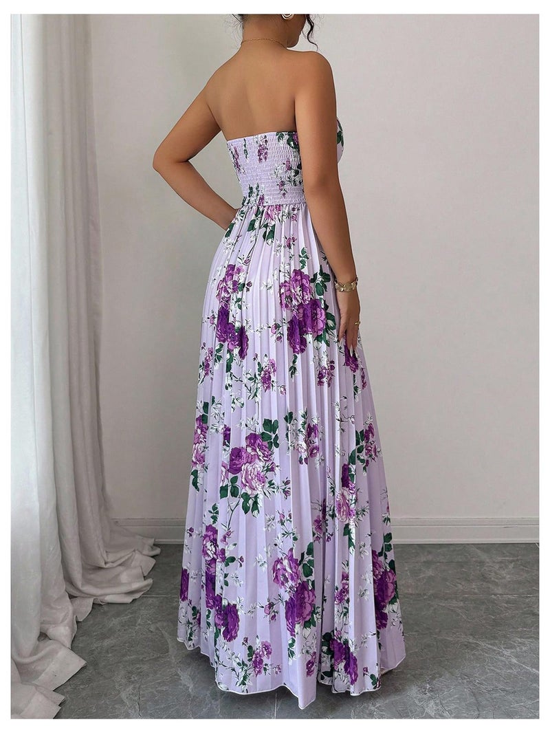 OYOANGLE Women's Boho Floral Strapless Dress Sleeveless Pleated A Line Maxi Tube Top Dresses Summer Sundress Purple Small - Image 2