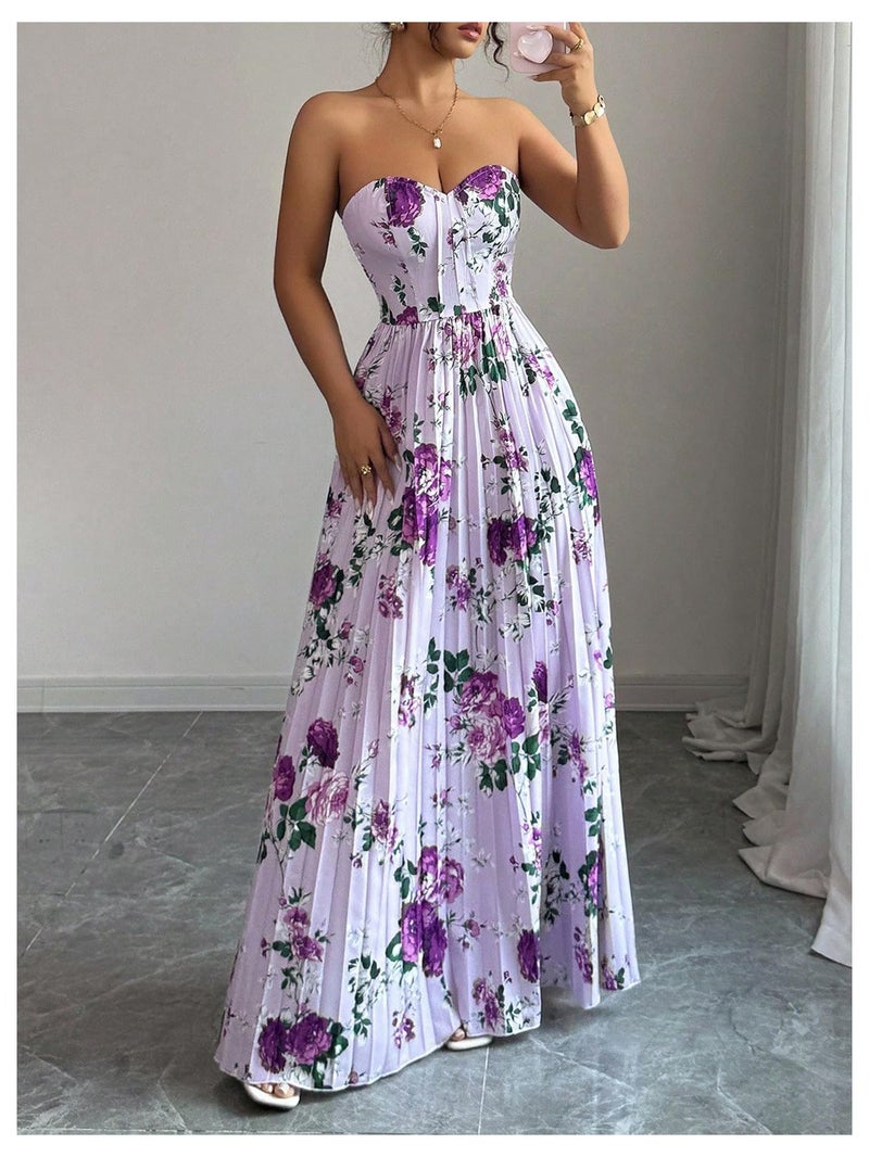 OYOANGLE Women's Boho Floral Strapless Dress Sleeveless Pleated A Line Maxi Tube Top Dresses Summer Sundress Purple Small - Image 5