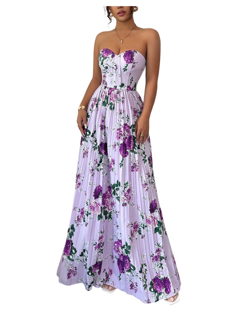 OYOANGLE Women's Boho Floral Strapless Dress Sleeveless Pleated A Line Maxi Tube Top Dresses Summer Sundress Purple Small - Image 1