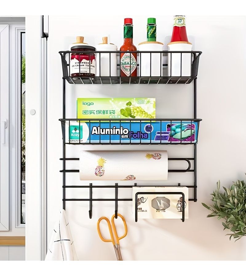 Black Wall Mounted Metal Organizer With Paper Towel Holder And Hooks - Image 4