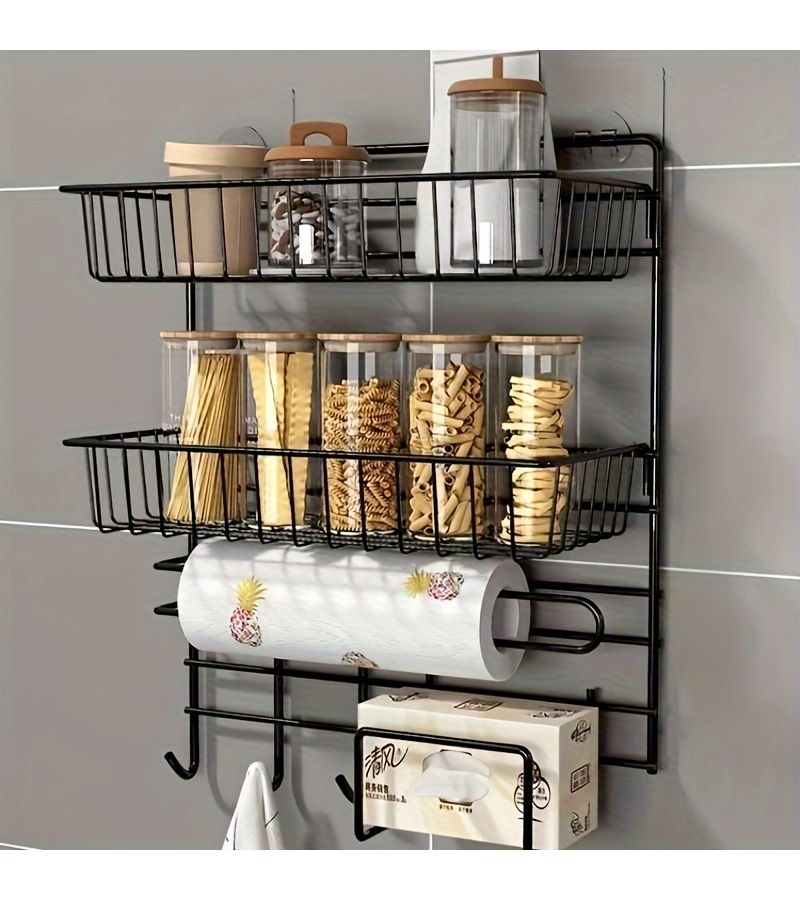 Black Wall Mounted Metal Organizer With Paper Towel Holder And Hooks - Image 1