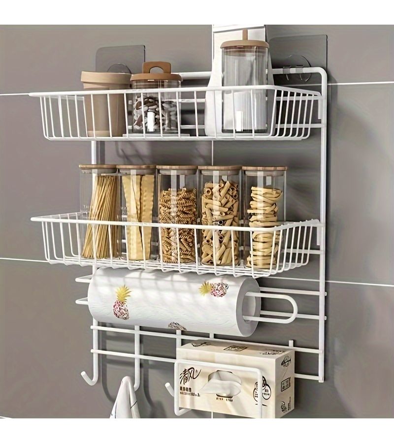 Black Wall Mounted Metal Organizer With Paper Towel Holder And Hooks - Image 3