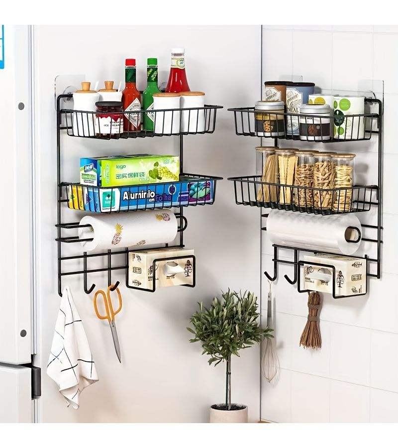 Black Wall Mounted Metal Organizer With Paper Towel Holder And Hooks - Image 5