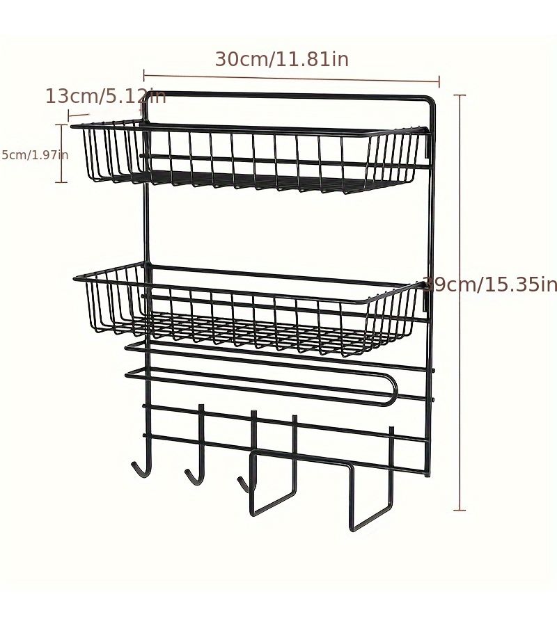 Black Wall Mounted Metal Organizer With Paper Towel Holder And Hooks - Image 2