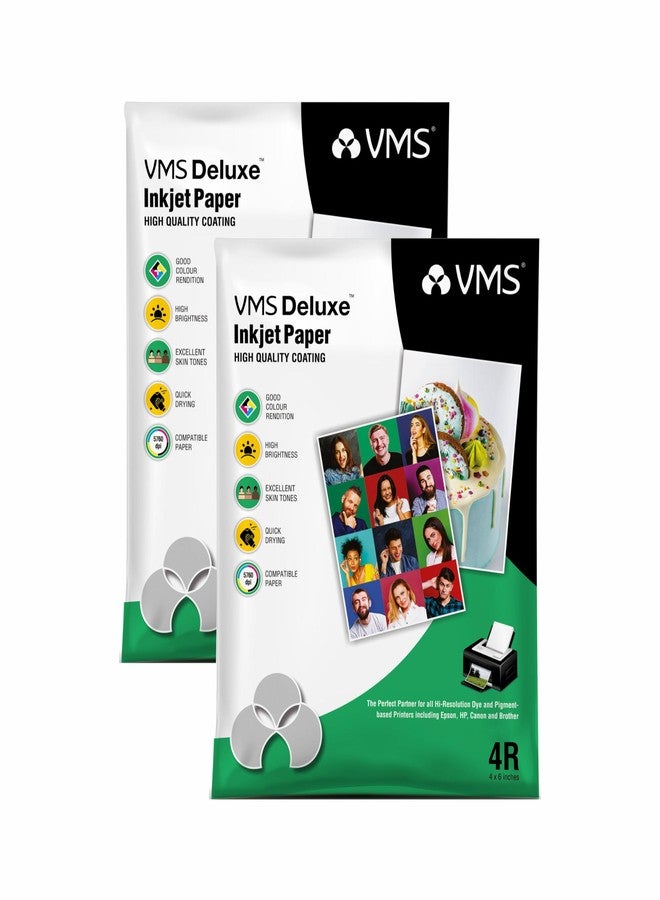 VMS Deluxe 180 GSM 4R (4x6) Glossy Photo Paper – Water Resistant, Pack of 2 x 100 sheets, Compatible with all Inkjet Printers - Image 1