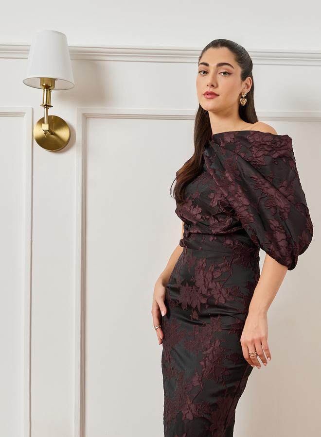 Styli Women Black Floral Jacquard Midi Dress - Image 2