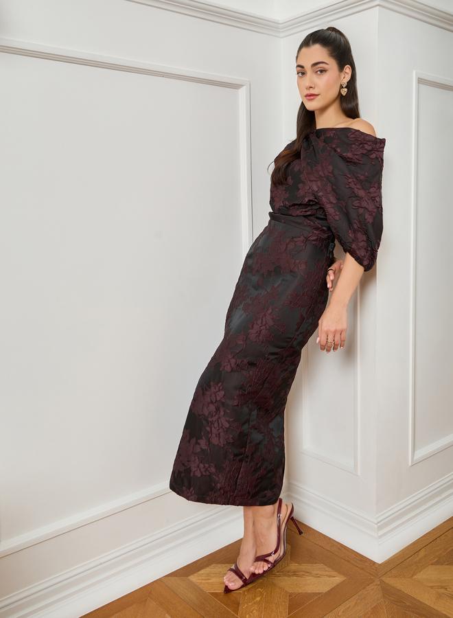 Styli Women Black Floral Jacquard Midi Dress - Image 3