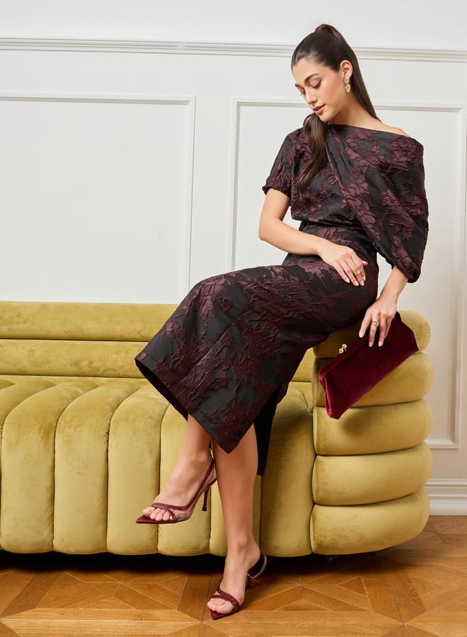 Styli Women Black Floral Jacquard Midi Dress - Image 1