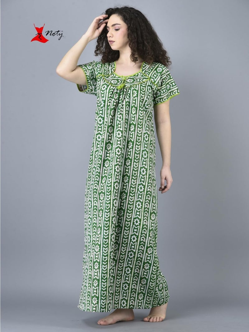 Noty Store Noty ® Women's- Cotton Nighty| Short Sleeves | Night Wear | Maxi for Women | U Shaped Neck - Cotton Fabric- Jaipuri Print (Olive Green, XXL) - Image 2