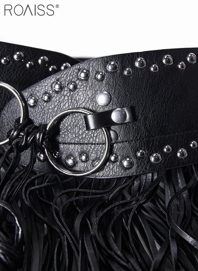 roaiss Women's Fringe Leather Skirt Belt Tassel Fringe Waist Belt Skirt Rave Outfit Black Roman Gladiator Short Skirts for Vintage Cowgirl Punk Rock Gothic Corset Belts Festival Dancing Women Costume - Image 5