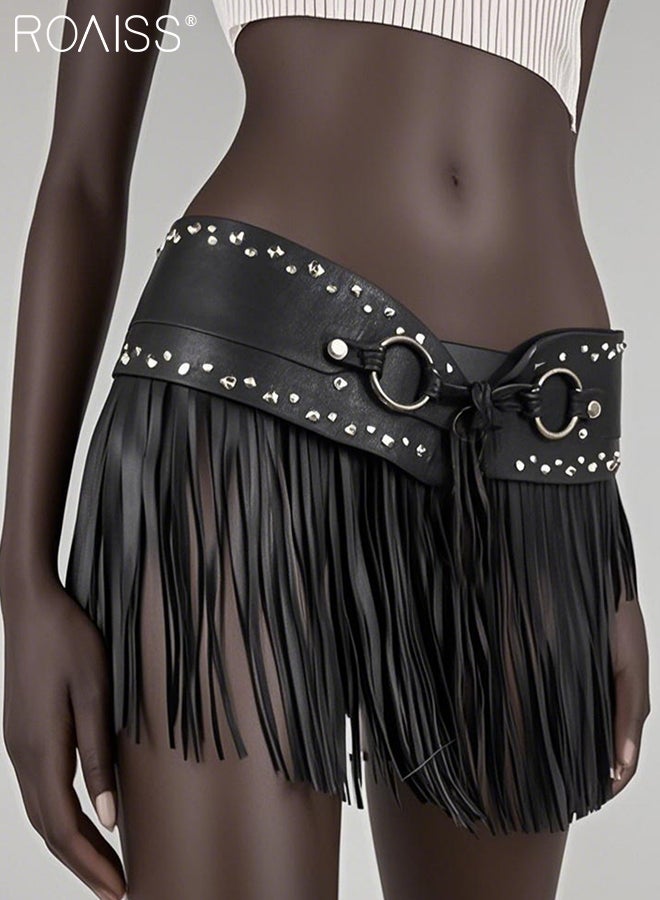 roaiss Women's Fringe Leather Skirt Belt Tassel Fringe Waist Belt Skirt Rave Outfit Black Roman Gladiator Short Skirts for Vintage Cowgirl Punk Rock Gothic Corset Belts Festival Dancing Women Costume - Image 3