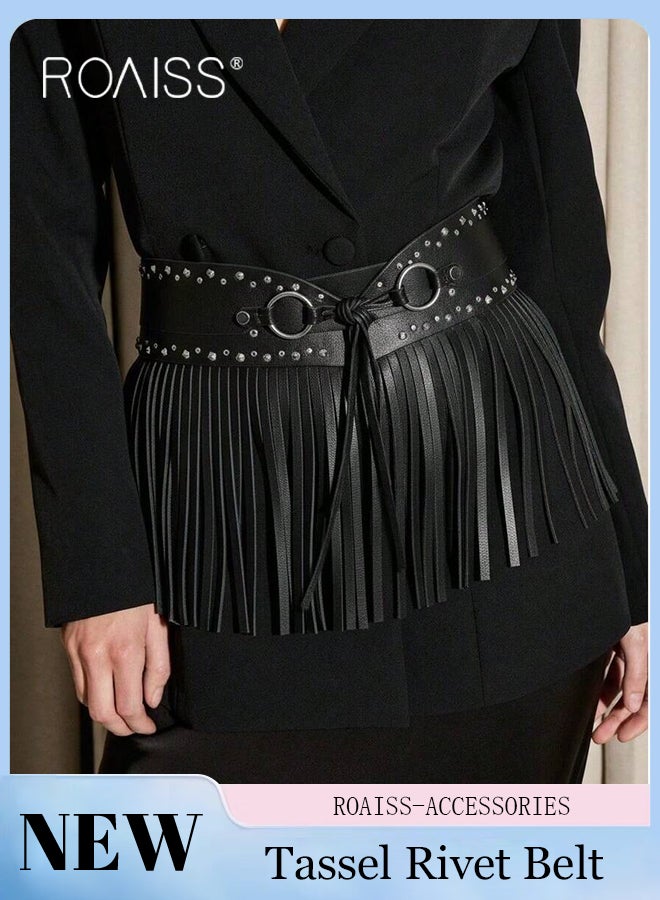 roaiss Women's Fringe Leather Skirt Belt Tassel Fringe Waist Belt Skirt Rave Outfit Black Roman Gladiator Short Skirts for Vintage Cowgirl Punk Rock Gothic Corset Belts Festival Dancing Women Costume - Image 1