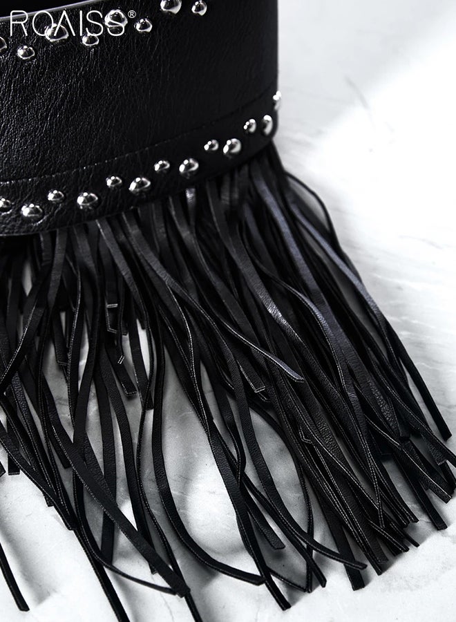 roaiss Women's Fringe Leather Skirt Belt Tassel Fringe Waist Belt Skirt Rave Outfit Black Roman Gladiator Short Skirts for Vintage Cowgirl Punk Rock Gothic Corset Belts Festival Dancing Women Costume - Image 4