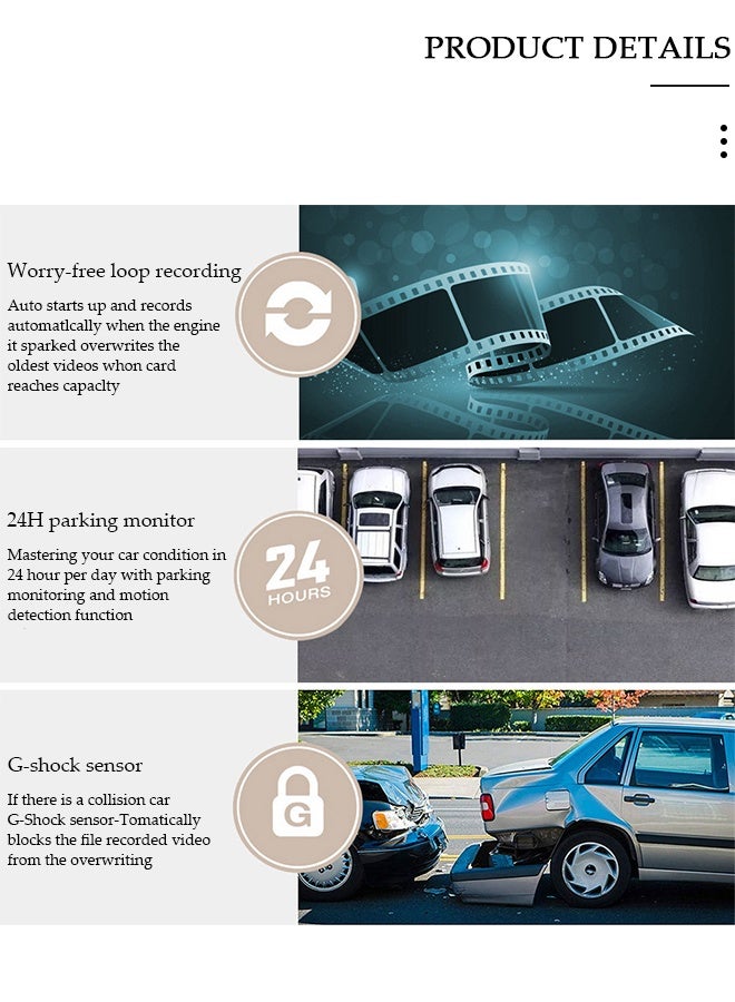 DUNISO كاميرا داش للسيارة 10 بوصة رؤية ليلية 1080 بيكسل فل اتش دي كاملة اللمس شاشة أمامية وخلفية احتياطية كاميرا داش للسيارات حلقة تسجيل وسائط البث 170 درجة زاوية واسعة للمساعدة في ركن السيارة مع واي فاي - Image 3