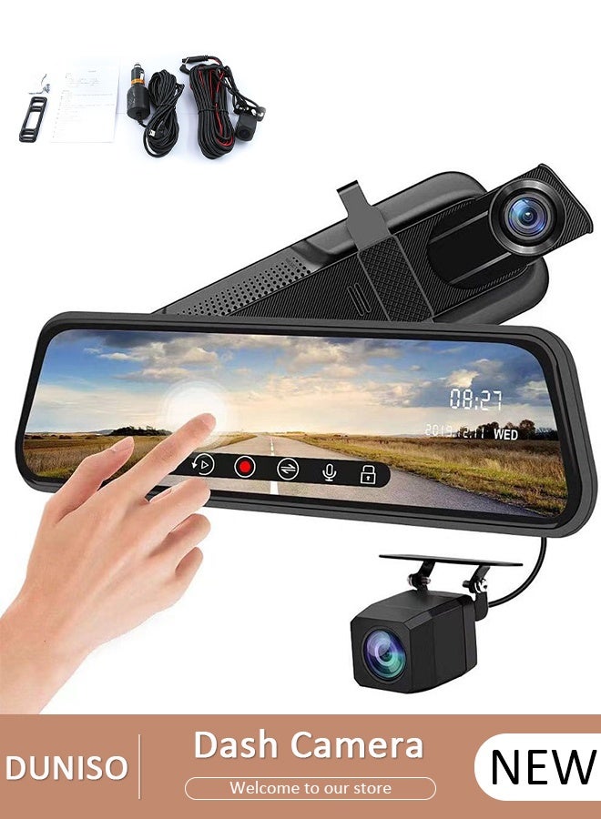 DUNISO كاميرا داش للسيارة 10 بوصة رؤية ليلية 1080 بيكسل فل اتش دي كاملة اللمس شاشة أمامية وخلفية احتياطية كاميرا داش للسيارات حلقة تسجيل وسائط البث 170 درجة زاوية واسعة للمساعدة في ركن السيارة مع واي فاي - Image 1