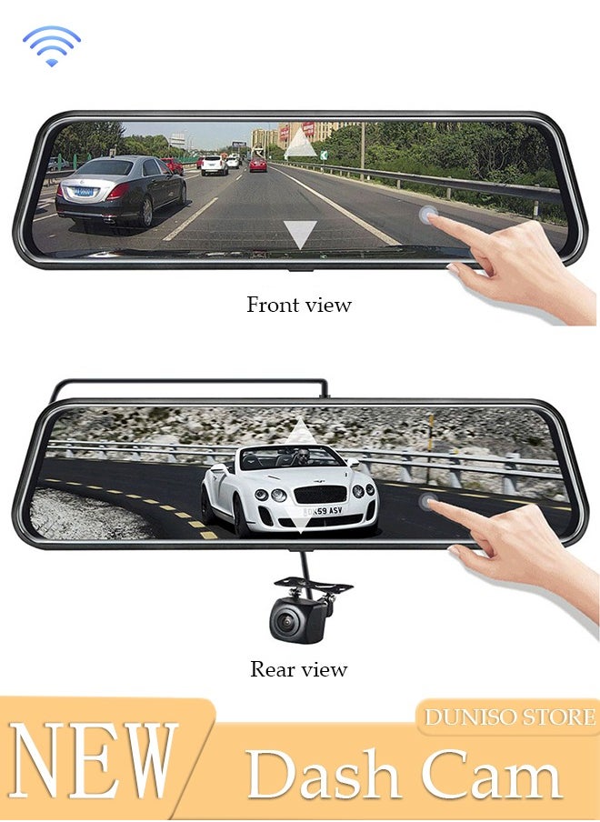 DUNISO - Dash Cam for Car 10'' Mirror Night Vision 1080P FHD Full Touch Screen Front and Rear View Backup Dash Camera for Cars Loop Recording Streaming Media 170°Wide Angle Parking Assistance With WIFI - Image 1
