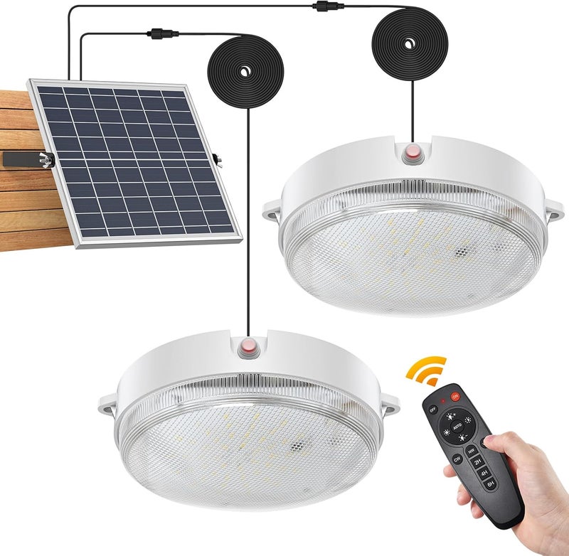 SunBonar Solar Ceiling Lights Indoor Outdoor 2 Pack, Dimmable Daytime 3000K/4000K/6000K Solar Shed Lights with ON/Off Switch & Remote, Waterproof Barn Lights for Home Porch Chicken Coop - Image 1