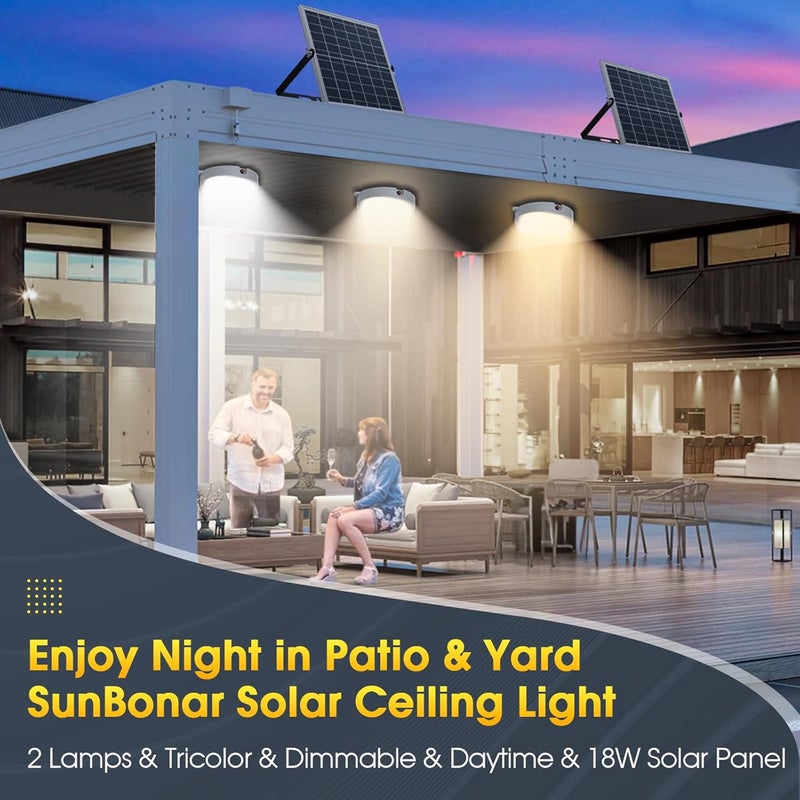 SunBonar Solar Ceiling Lights Indoor Outdoor 2 Pack, Dimmable Daytime 3000K/4000K/6000K Solar Shed Lights with ON/Off Switch & Remote, Waterproof Barn Lights for Home Porch Chicken Coop - Image 3
