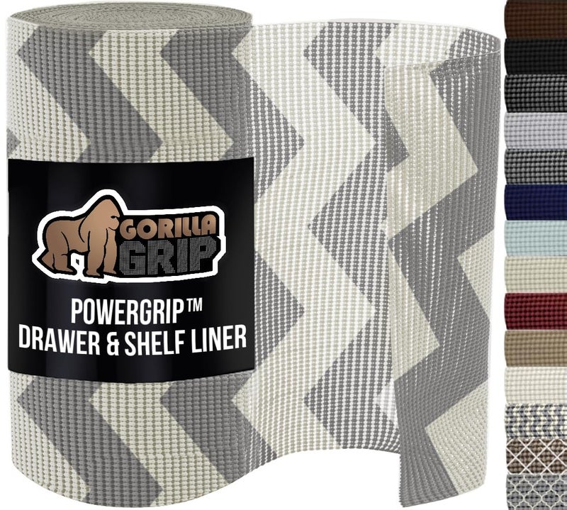 GORILLA GRIP powerGRIP Drawer Shelf and Cabinet Liner, Thick Strong Hold, Non-Adhesive Liners Protect Kitchen Cabinets and Cupboard, Bathroom Drawers, Easy Install, Breathable Mat, 12" x10' Gray White - Image 1