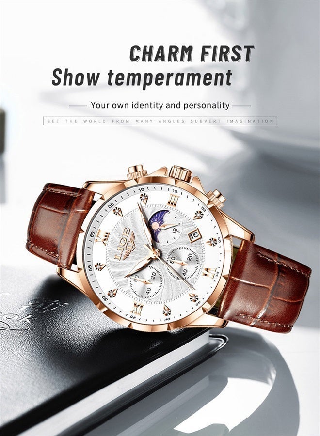 LIGE Classic Fashion Quartz Wristwatches Luxury Buiness Mens Watch 30M Waterproof Luminous Minutes Seconds Timing Moon Phase Date Display Leather Strap Watches Mens Gifts Gold - Image 4