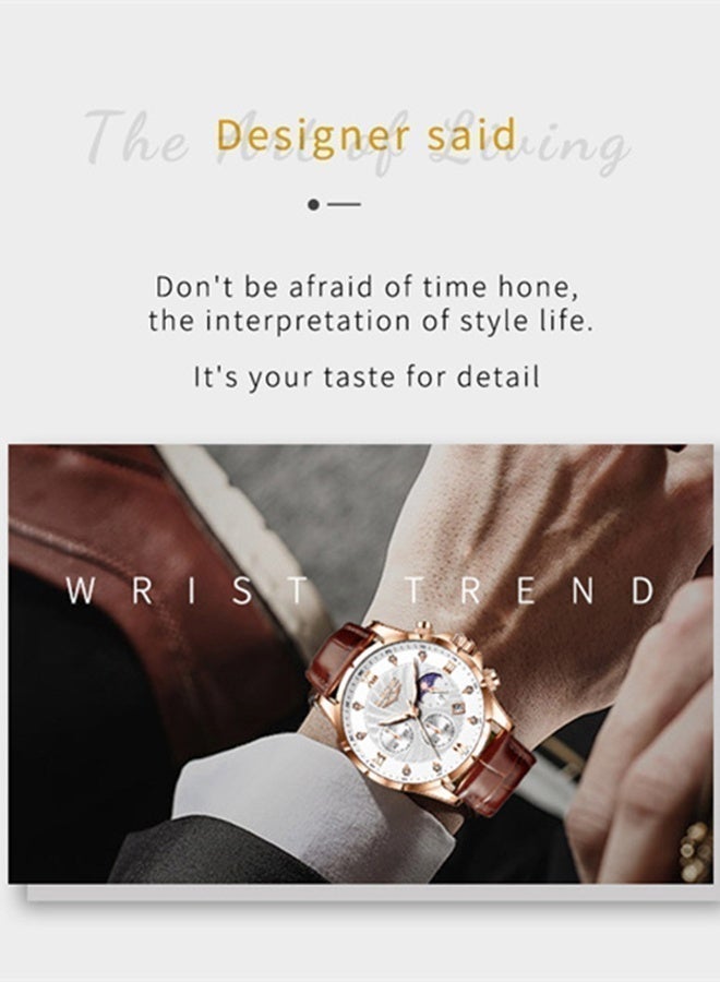 LIGE Classic Fashion Quartz Wristwatches Luxury Buiness Mens Watch 30M Waterproof Luminous Minutes Seconds Timing Moon Phase Date Display Leather Strap Watches Mens Gifts Gold - Image 5