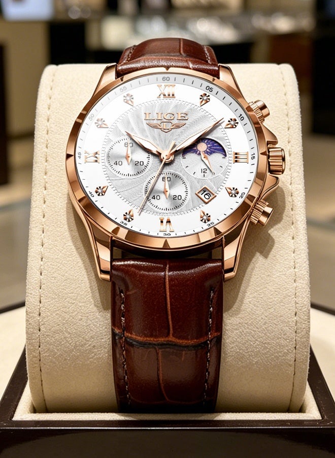LIGE Classic Fashion Quartz Wristwatches Luxury Buiness Mens Watch 30M Waterproof Luminous Minutes Seconds Timing Moon Phase Date Display Leather Strap Watches Mens Gifts Gold - Image 1